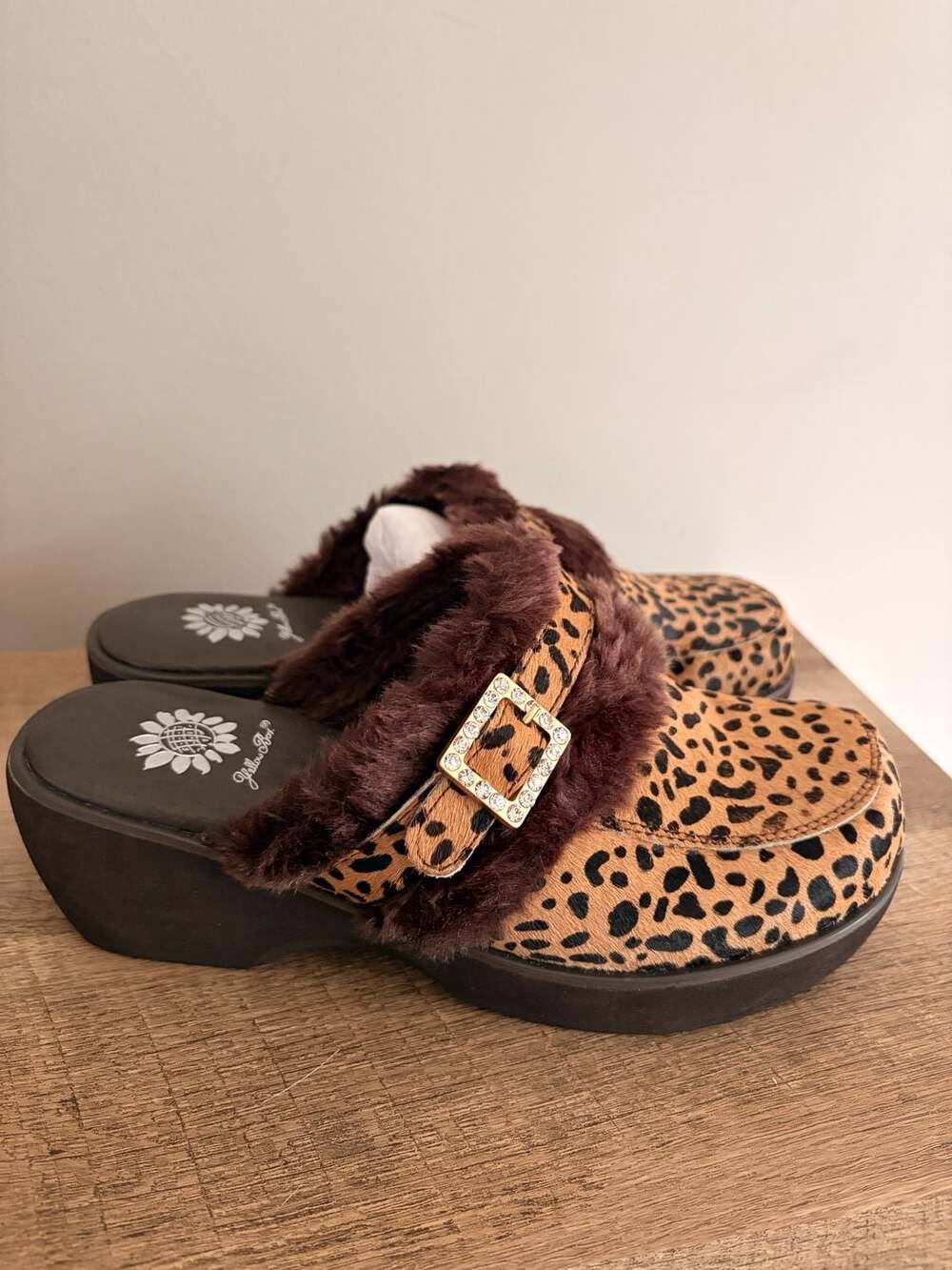 Yellow Box Plush-A Leopard Print Faux Fur Platform Clog Mules Size 7.5